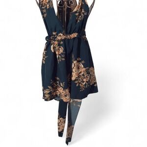 Floral Sleeveless Romper – Women's Small – Navy Tan Rose Print V-Neck